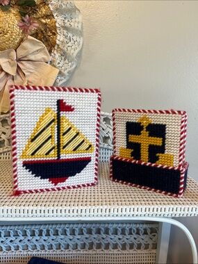 Handmade Nautical Sailboat & Anchor Needlepoint tissue Box and coaster set